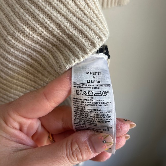 Gap Turtleneck Sweater Women Medium Petite Cream Navy Blue Striped Cotton Knit - Picture 4 of 5